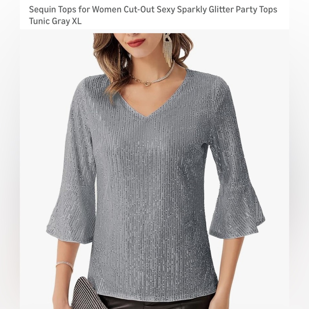 Sequin V-Neck Tunic Top - Gray